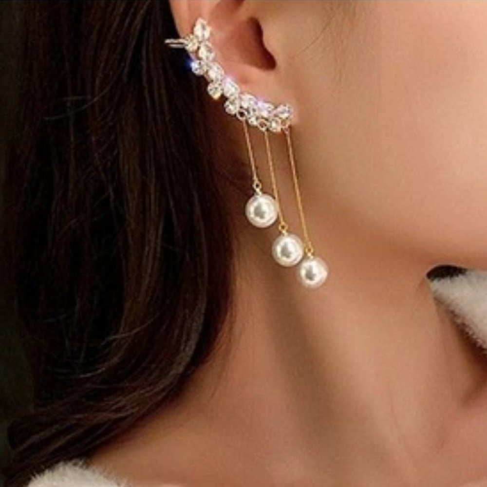 Gold Climber Pearl Earrings